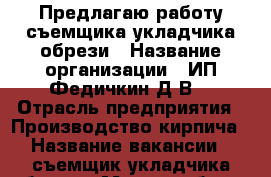 Предлагаю работу съемщика-укладчика обрези › Название организации ­ ИП Федичкин Д.В. › Отрасль предприятия ­ Производство кирпича › Название вакансии ­ съемщик-укладчика обрези › Место работы ­ Краснознаменная, 55 › Минимальный оклад ­ 12 000 - Свердловская обл., Нижний Тагил г. Работа » Вакансии   . Свердловская обл.